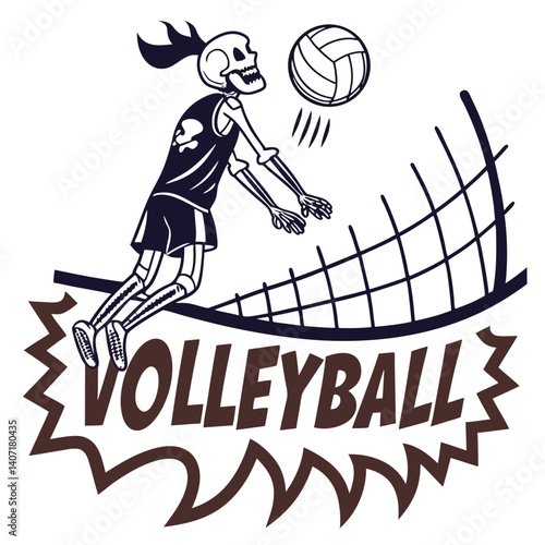 Skeleton Athlete Spiking Volleyball Over Net Playful Sports Illustration Design