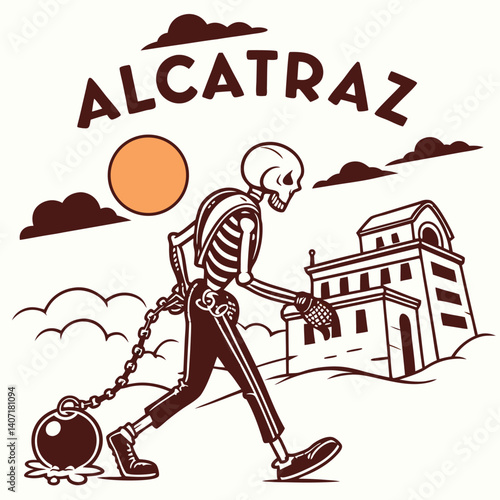 Alcatraz Prison Vector Illustration With Skeleton And Ball And Chain