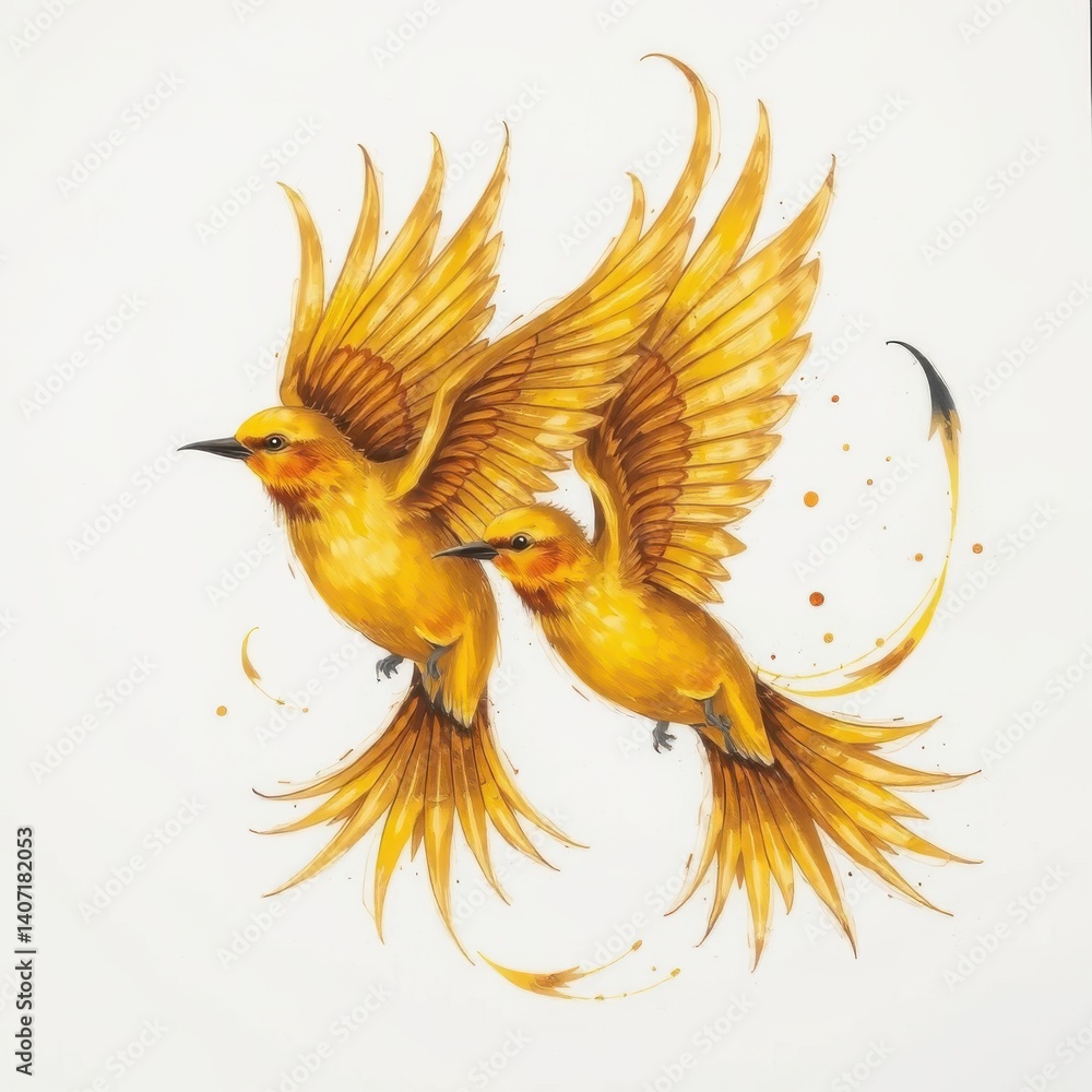 Obraz premium Two Golden Birds in Flight Artistic Watercolor Painting of Avian Beauty