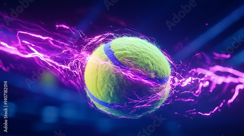 Radiant neon tennis ball bursting into luminous streaks of energy in a futuristic double exposure style