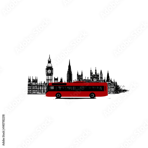 Red London bus with city skyline in black and white illustration