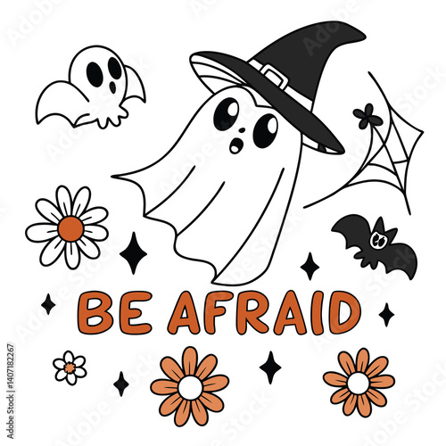 Spooky Halloween Graphic Featuring Cute Ghosts Bat And Flowers On White Background