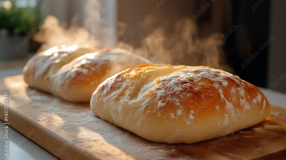 Freshly Baked Bread on Counter with Rising Steam and Warm Atmosphere Freshly Baked Bread on Counter with Rising Steam and Warm Atmosphere