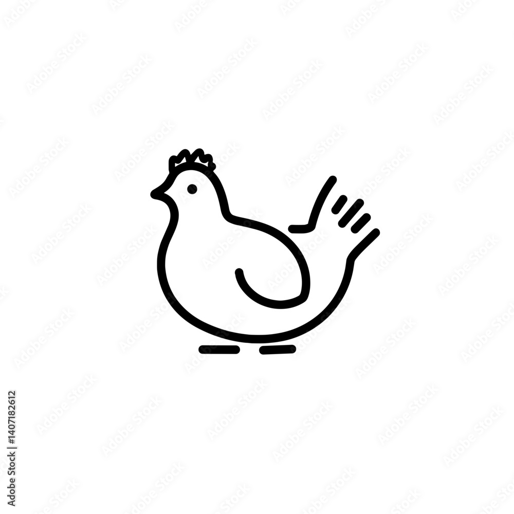 Hen icon in black outline with stylized tail on white background Hen icon in black outline with stylized tail on white background