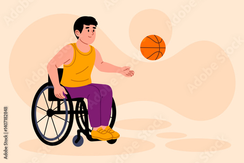 Man in wheelchair playing basketball and holding ball on beige background