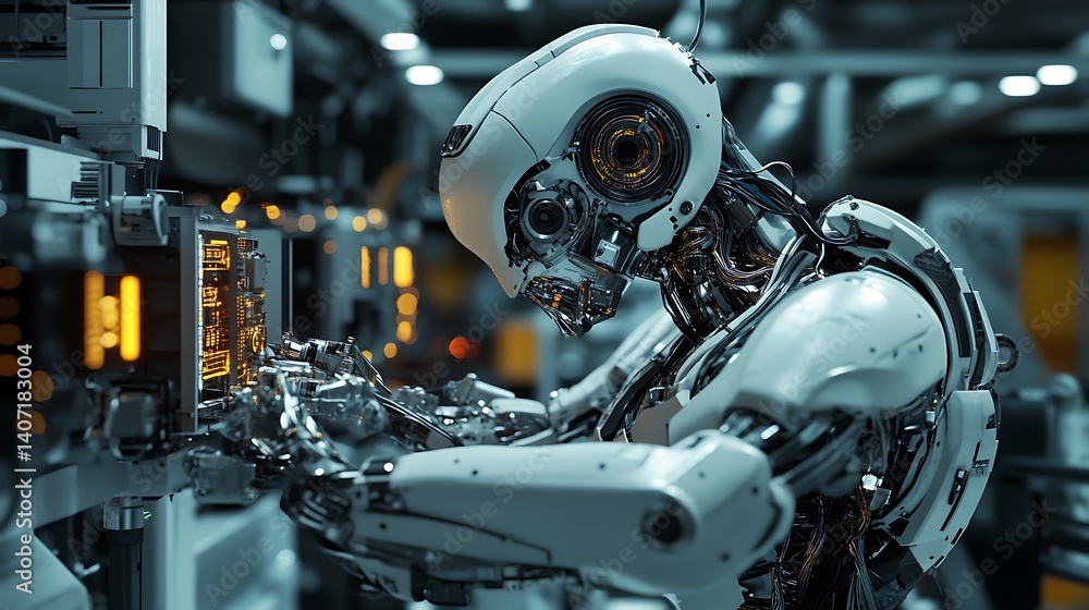 Fototapeta premium Robot Working on Electronic Circuit in Factory