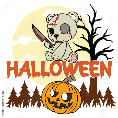Creepy Halloween Design With Killer Teddy Bear And Pumpkin Illustration