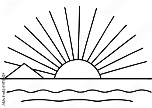 Sunrise line art silhouette vector for morning, nature, and tranquility themes