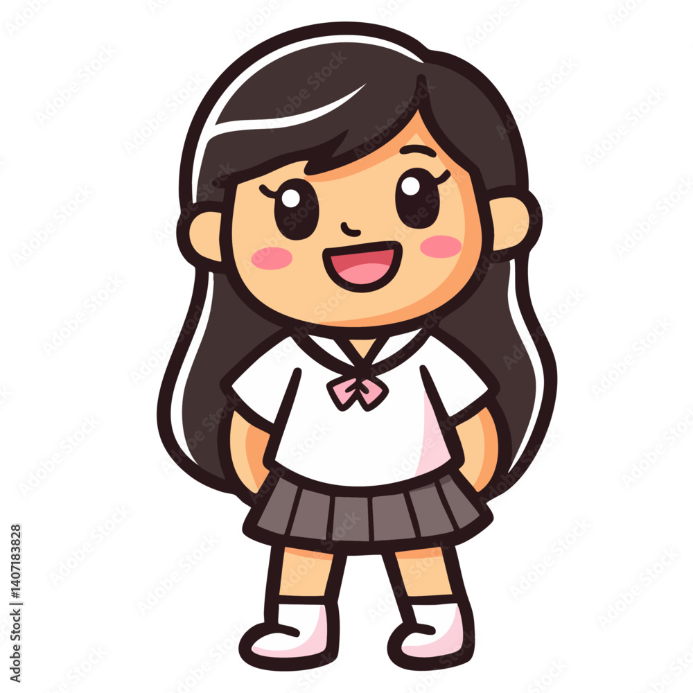 Happy girl in school uniform, smiling schoolgirl in white shirt and skirt, doodle cartoon character, kawaii isolated cute clean and simple vector illustration Happy girl in school uniform, smiling schoolgirl in white shirt and skirt, doodle cartoon character, kawaii isolated cute clean and simple vector illustration