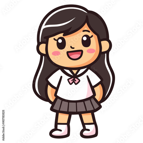 Happy girl in school uniform, smiling schoolgirl in white shirt and skirt, doodle cartoon character, kawaii isolated cute clean and simple vector illustration