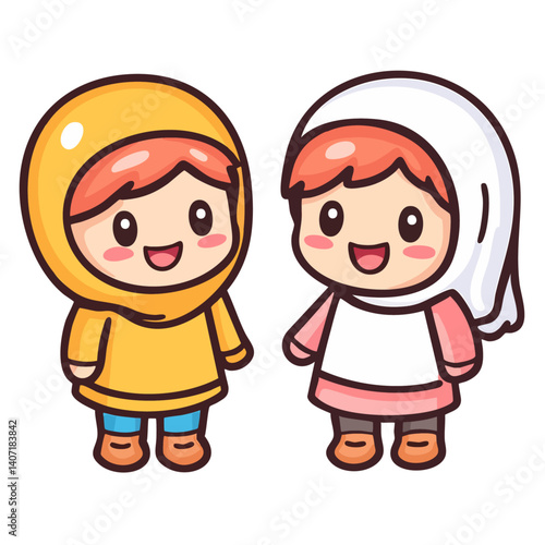 Two happy smiling girls in headscarf, traditional middle eastern woman head scarf, islamic muslim hijab, cartoon character clip art, kawaii isolated cute clean and simple vector illustration