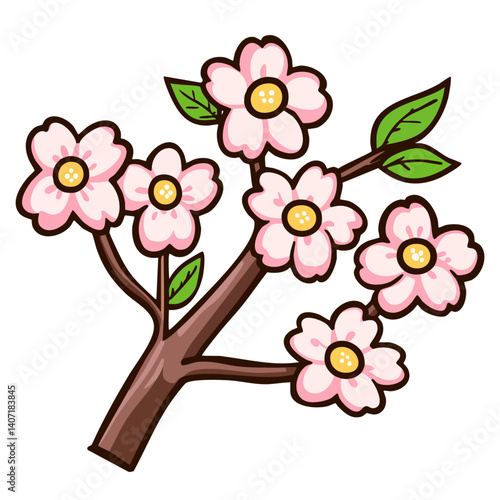 Pink flowers on a branch with green leaves, blooming sakura cherry flowers, hand drawn doodle cartoon clip art, isolated clean cute and simple vector illustration