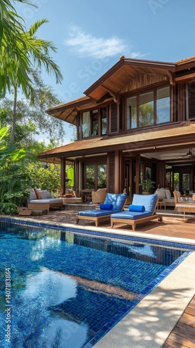 Wallpaper Mural Tropical style house with swimming pool, surrounded by palm trees and greenery, creating an atmosphere of relaxation. Suitable for real estate advertising, resorts, exterior design. Torontodigital.ca