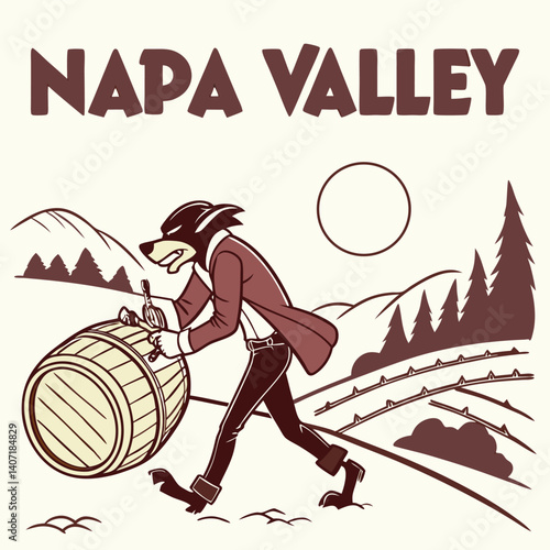 Cartoon Wolf In Napa Valley With Wine Barrel And Landscape Illustration