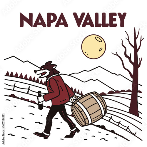 Napa Valley Illustration With Wolf Character Carrying Wine Barrel On Vineyard
