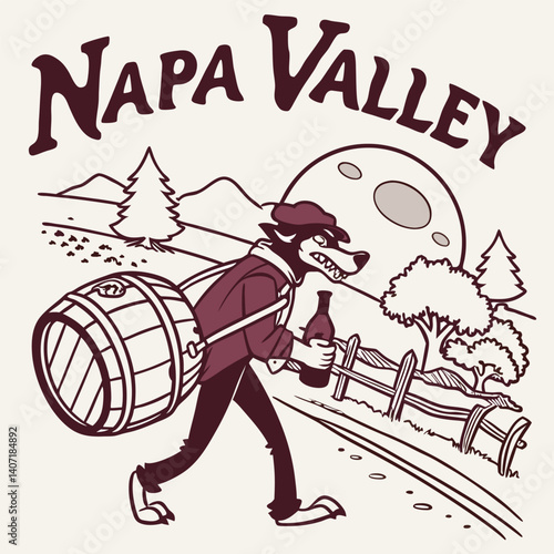 Wine Wolf Mascot In Napa Valley With Barrel And Bottle Illustration