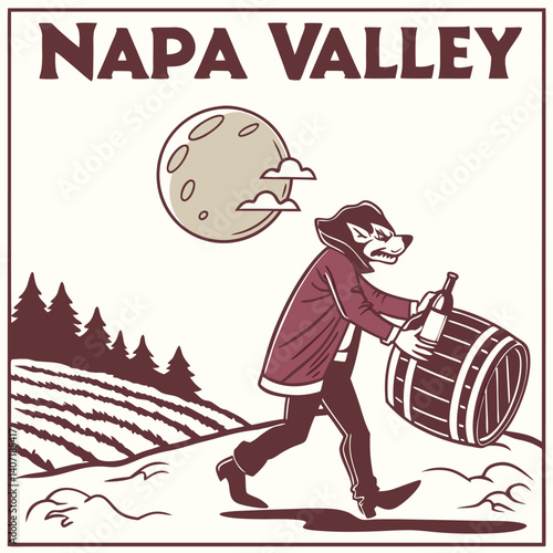 Napa Valley Wine Country Badger Carrying Barrel And Bottle Illustration
