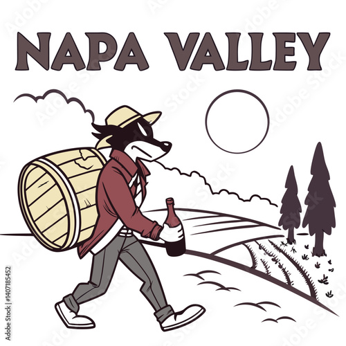 Cartoon Badger Carrying Wine Barrel And Bottle In Napa Valley Scenery
