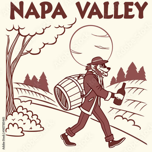 Napa Valley Cartoon Illustration Of A Wine Making Wolf Carrying A Barrel And Bottle