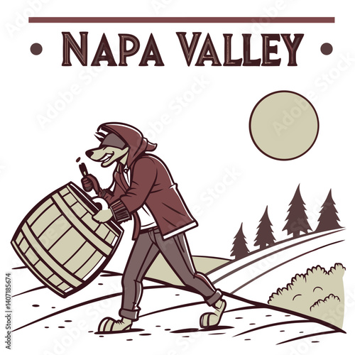 Napa Valley Cartoon Illustration A Canine Character Carrying A Wine Barrel