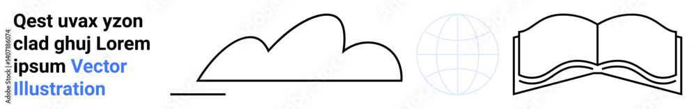Outline cloud, globe, and open book highlighting global information exchange, learning, networking, communication. Ideal for education, technology, connectivity collaboration global access simple Outline cloud, globe, and open book highlighting global information exchange, learning, networking, communication. Ideal for education, technology, connectivity collaboration global access simple
