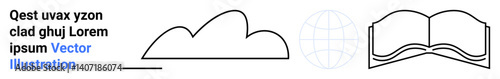 Outline cloud, globe, and open book highlighting global information exchange, learning, networking, communication. Ideal for education, technology, connectivity collaboration global access simple