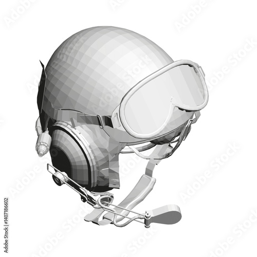 A white helmet with goggles and a microphone. The helmet is designed for pilots and is made of a hard plastic material. The goggles are attached to the helmet