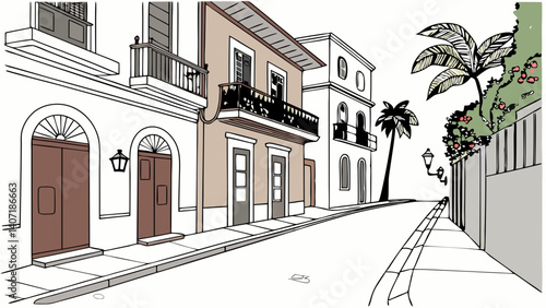 Line drawing of historic Old San Juan streets – Puerto Rico, USA
