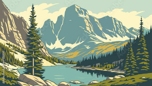 Flat design of Rocky Mountain National Park with lakes and peaks – Colorado, USA

