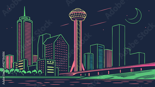 Skyline of Dallas with neon city lights – Texas, USA
