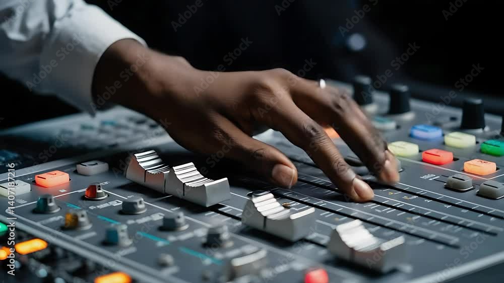 Hands adjusting knobs on professional sound mixer Hands adjusting knobs on professional sound mixer