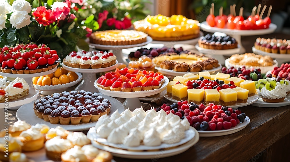 variety of desserts and fresh fruit on a wooden table including fruit tarts cakes and pies arranged on white plates creating a vibrant and delicious food presentation variety of desserts and fresh fruit on a wooden table including fruit tarts cakes and pies arranged on white plates creating a vibrant and delicious food presentation
