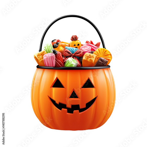 Pumpkin Halloween decor type. Smiling pumpkin basket filled with colorful Halloween candies.