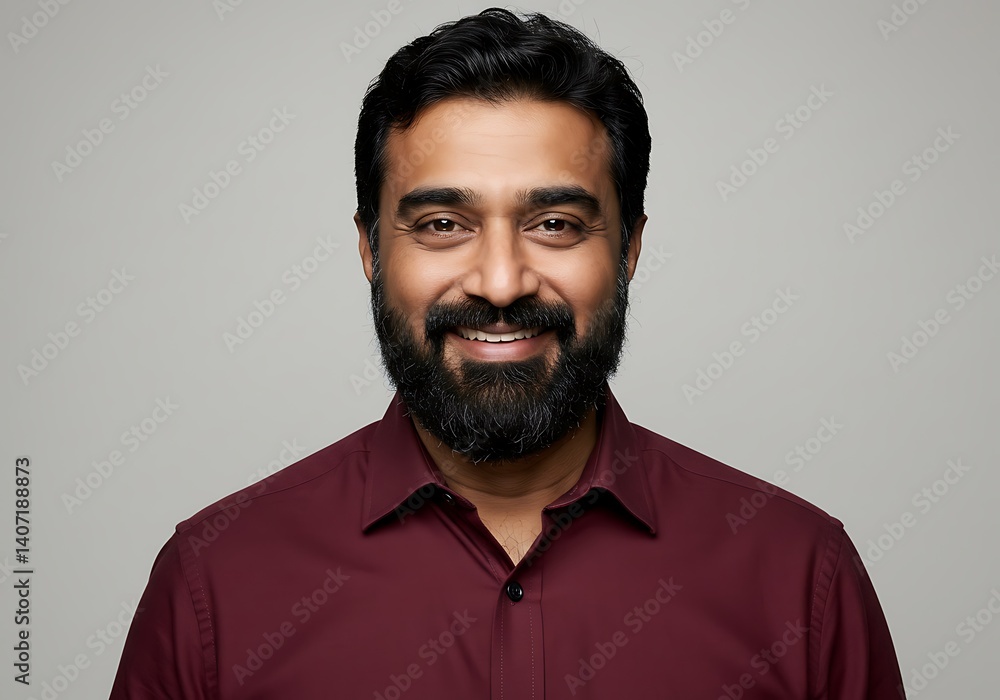 A smiling man with a beard in a maroon shirt studio portrait neutral background clean professional A smiling man with a beard in a maroon shirt studio portrait neutral background clean professional