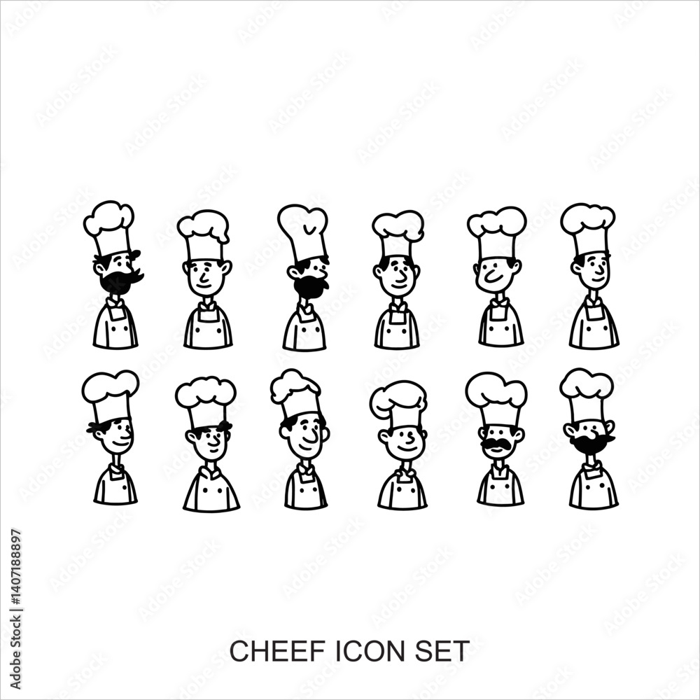 Cartoon chef icons, cute chibi characters, black and white illustrations, diverse hairstyles and expressions, minimalist design, culinary profession avatars, vector art style, simple line drawings Cartoon chef icons, cute chibi characters, black and white illustrations, diverse hairstyles and expressions, minimalist design, culinary profession avatars, vector art style, simple line drawings