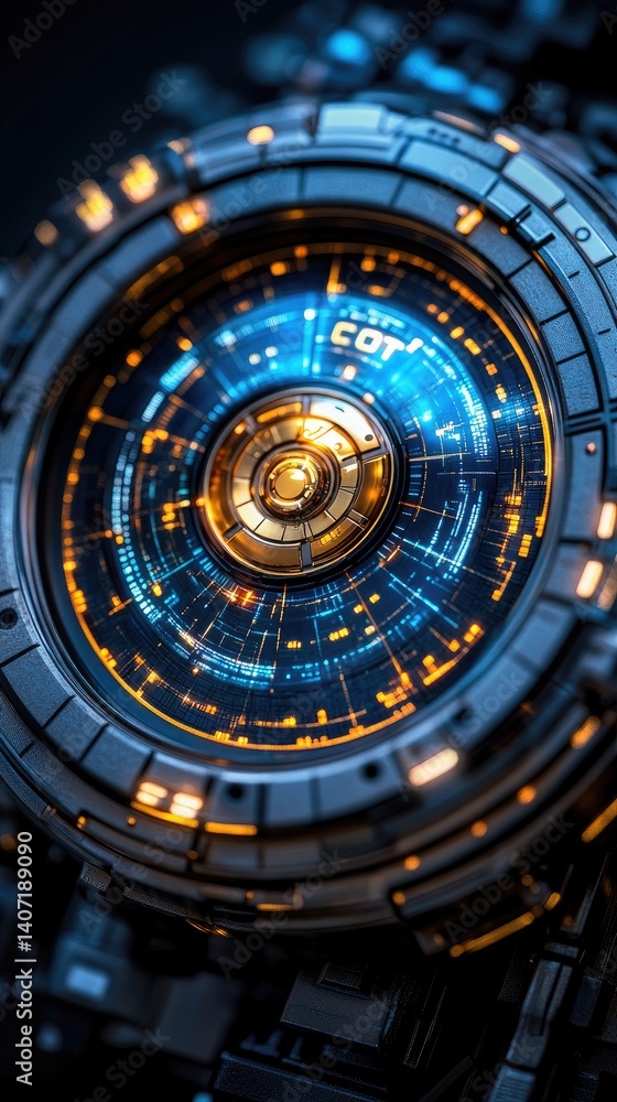 Obraz premium Futuristic eye featuring intricate blue and orange glowing details and metallic texture