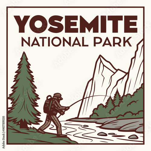 Yosemite National Park Vector Illustration Featuring Fly Fishing In Nature Scene