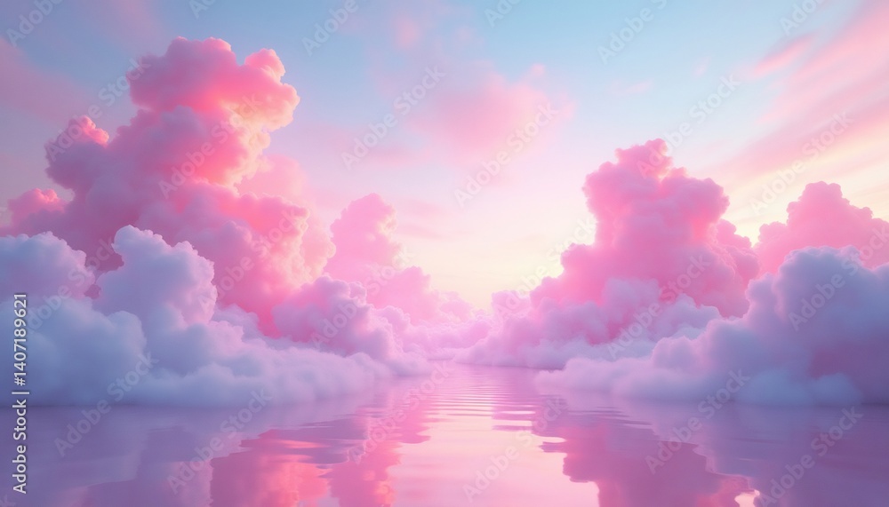 Dreamscape Reflection: A serene, ethereal scene unfolds, with fluffy pink and white clouds mirrored in calm water, creating a mesmerizing spectacle. Dreamscape Reflection: A serene, ethereal scene unfolds, with fluffy pink and white clouds mirrored in calm water, creating a mesmerizing spectacle.
