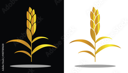 Vector image of a beautiful and attractive gold colored rice plant logo on a black and white background