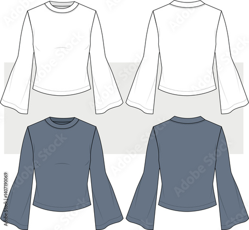 Women long bell sleeved basic top fashion technical illustration, vector.  technical drawing, template, mock up, cad. sweatshirt drawing front and back view.