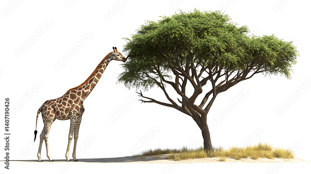 Fototapeta premium Giraffe Eats Leaves from Acacia Tree in Savannah