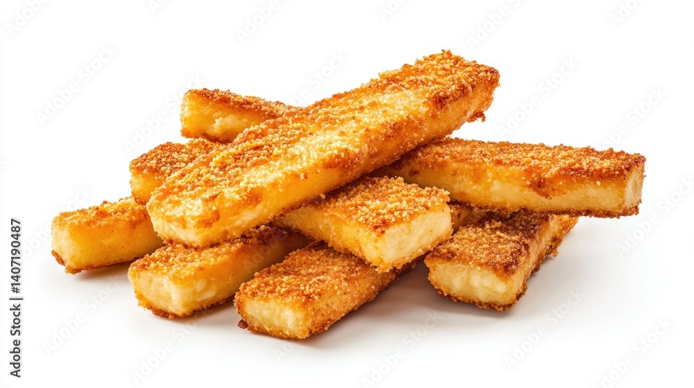 Crispy Golden Breaded Stick Snack Piled Up on White Background Ready for Enjoyment Crispy Golden Breaded Stick Snack Piled Up on White Background Ready for Enjoyment
