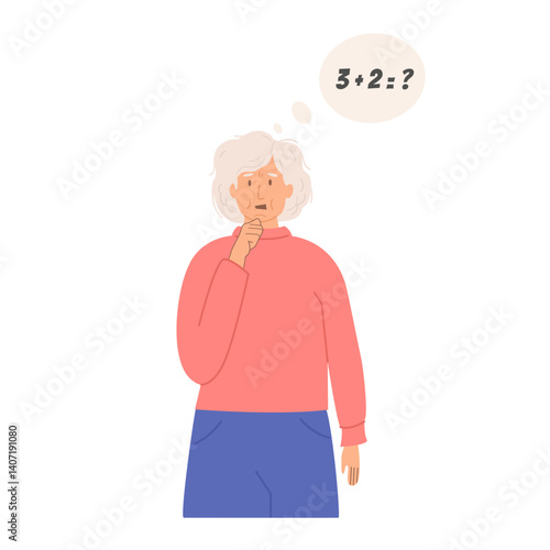 Elderly woman experiencing memory loss and cognitive difficulties, struggling to solve a simple math equation. Alzheimer disease and dementia concept. Flat Style isolated Vector Illustration on white.