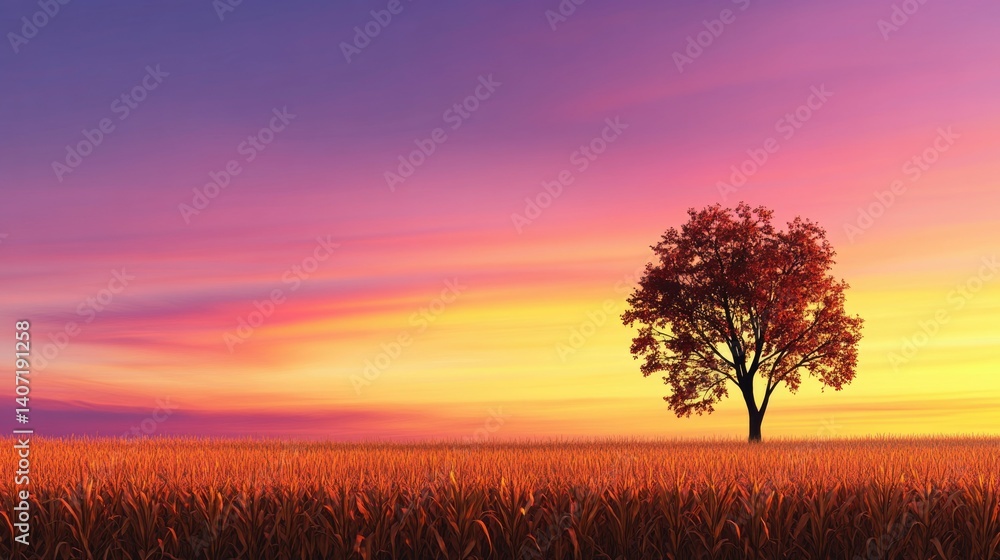 Fototapeta premium Solitary Tree at Sunset Over a Golden Field with Vibrant Pink and Purple Sky