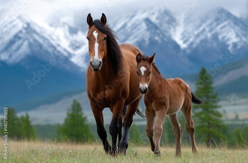 A beautiful brown horse and her foal run in the green grass of an open field against the backdrop of blue mountains