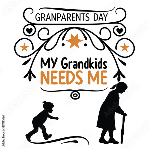 Grandparents Day Design With Grandparent And Grandchild Silhouettes With Decorative Swirl Elements