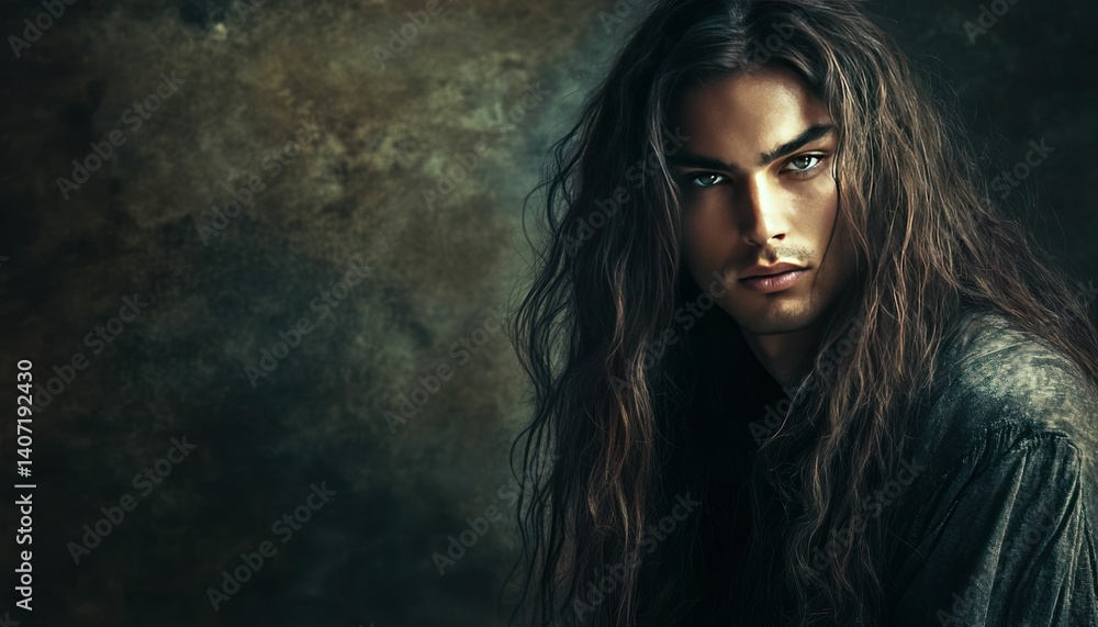 Mystical Portrait of a Man with Flowing Hair Amidst an Ethereal Backdrop Mystical Portrait of a Man with Flowing Hair Amidst an Ethereal Backdrop