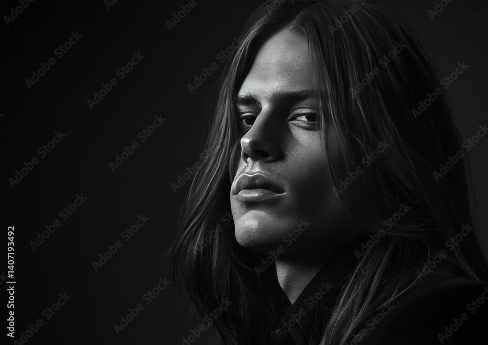 Monochromatic portrait of a thoughtful young man with long hair in low key style Monochromatic portrait of a thoughtful young man with long hair in low key style