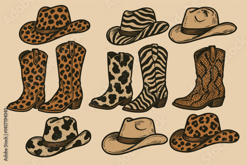 Western fashion pattern with animal print cowboy hats and boots