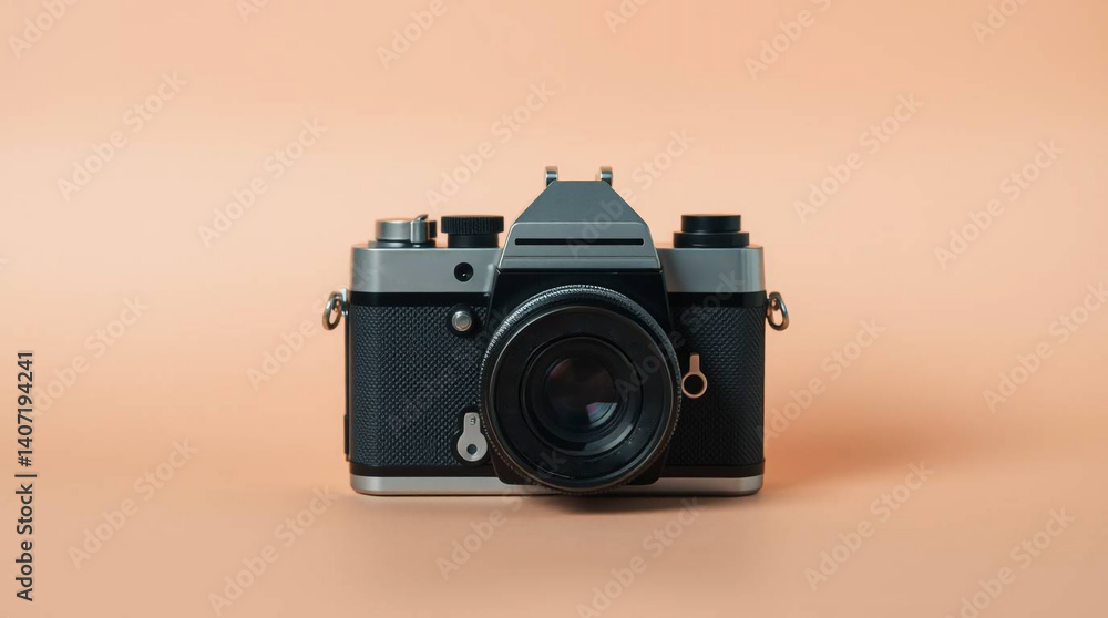 Fototapeta premium A vintage film camera centered on a pastel peach background, with soft shadows and ample negative space
